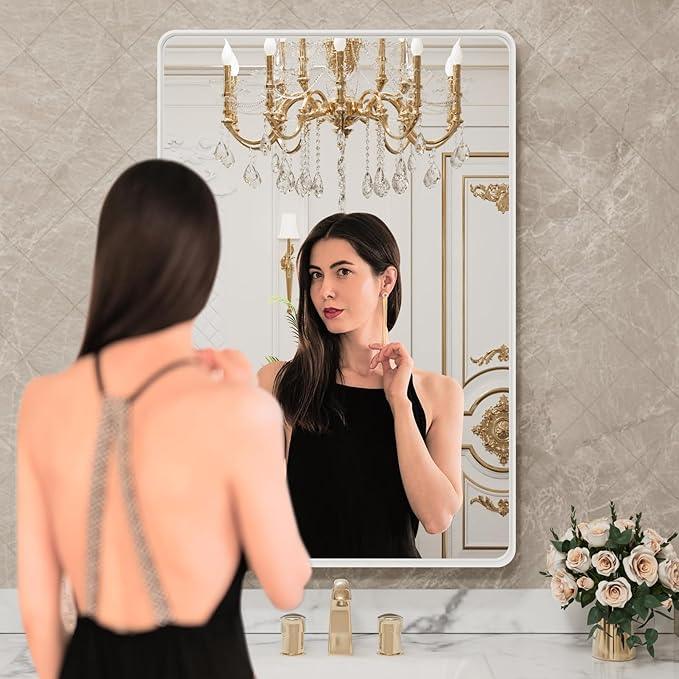 LOAAO 22x30 Inch White Metal Framed Bathroom Mirror for Wall, White Bathroom Vanity Mirror Farmhouse, Large Rounded Rectangle Mirror, Anti-Rust, Hangs Horizontally or Vertically - ModernBath