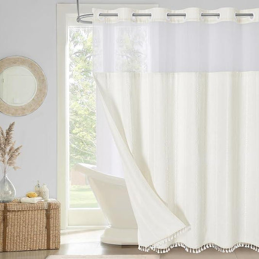 MitoVilla No Hooks Needed Farmhouse Shower Curtain with Snap-in Liner - with Window & Magnets, Boho Cotton Linen Fabric Shower Curtains with Tassels for Rustic Bathroom Decor, Ivory, 72 x 74 - ModernBath