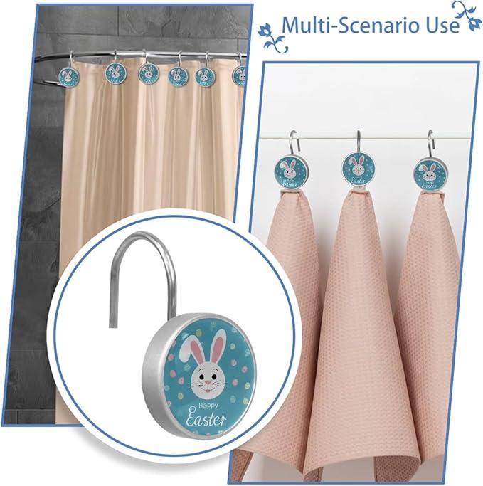 Easter Cute Bunny Rabbit Crystal Glass Shower Curtain Hooks for Bathroom Shower Rod, 12Pcs Round Home Decorative Shower Curtain Rings, Blue Bathroom Bedroom Living Room Accessories - ModernBath