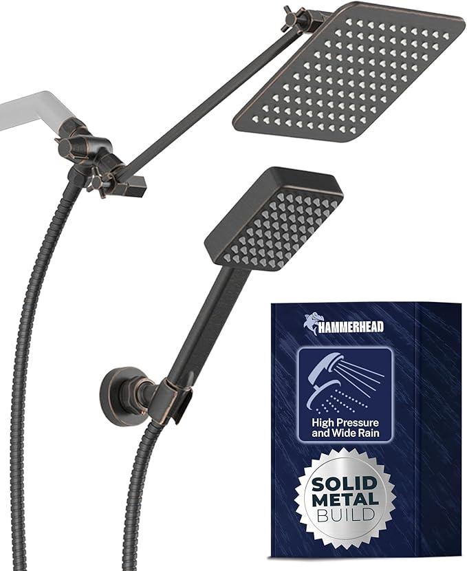 HammerHead® Solid Metal Dual Shower Head Combo — 8" Square Rain Shower Head with Handheld, 12" Adjustable Arm & Wall-Mount Holder for Flexible Installation — Oil Rubbed Bronze - ModernBath