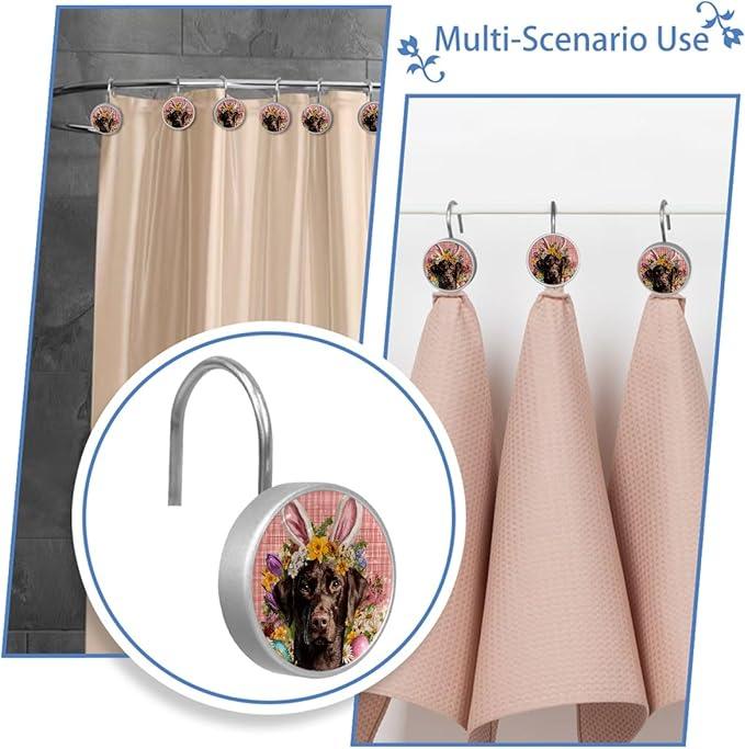 Dog and Easter Eggs Shower Curtain Hooks 12Pcs, Decorative Rust Resistant Shower Rings for Shower Curtain Rods, Stainless Steel Round Curtain Hooks for Bathroom, Bedroom, Farmhouse - ModernBath
