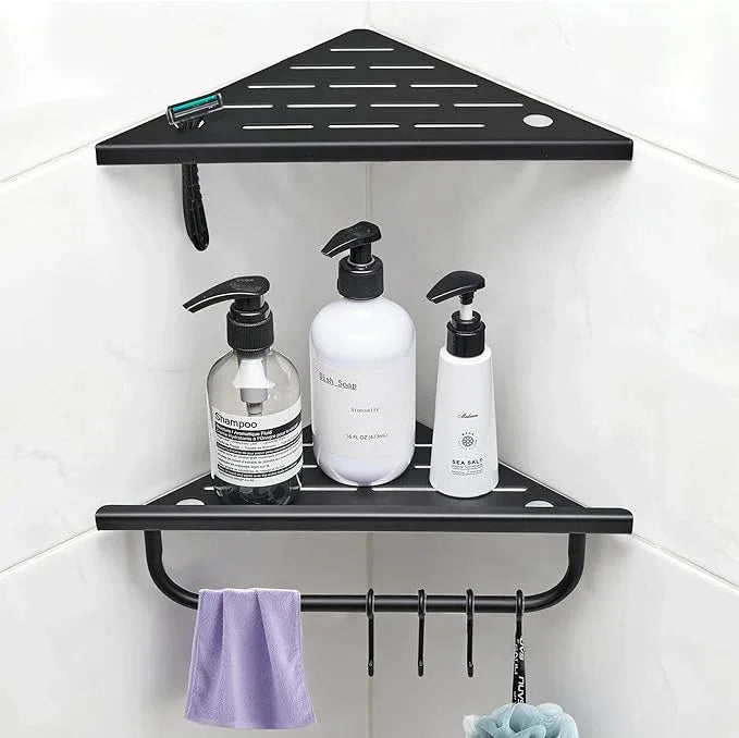 Corner Shower Shelf, 10'' Shower Corner Shelf with Towel Bar & Hooks, 304 Stainless Steel Recessed Bathroom Shelves, No Drilling for Tiled Wall, 2-Pack (Matte Black) - ModernBath