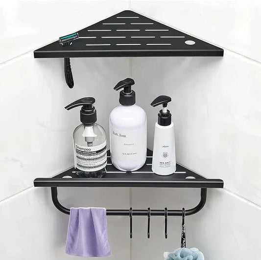 Corner Shower Shelf, 10'' Shower Corner Shelf with Towel Bar & Hooks, 304 Stainless Steel Recessed Bathroom Shelves, No Drilling for Tiled Wall, 2-Pack (Matte Black) - ModernBath