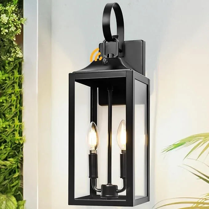 Black Dusk to Dawn Outdoor Wall Lantern 2-Light, 19" Large Outside Modern Porch Sconce Light Fixture, Industrial Porch Light Wall Mount with Glass, Waterproof Farmhouse Exterior Lamp Lighting - ModernBath
