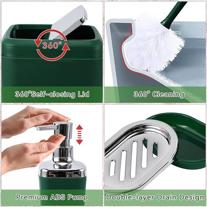 XLHOMO Dark Green Bathroom Accessories Set with Shower Curtain and No-Slip Bath Rugs,24PC Bath Sets with Trash Can, Toothbrush Holder, Cup, Soap Dispenser, Tray, Soap Dish, Toilet Brush, Qtip Holders - ModernBath