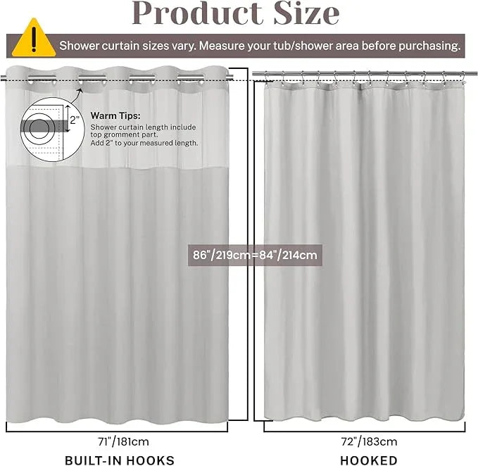 SORTTO No Hook Slub Textured Shower Curtain with Snap in Liner - Light Grey Fabric Outer Curtain & Waterproof Inner Liner, Hotel Style with See Through Top Window, 71x86 in - ModernBath