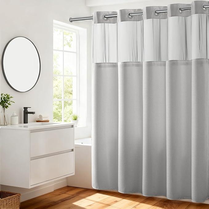 River Dream No Hooks Required Dotted Light Grey Shower Curtain with Snap in Liner - 71" W x 74" H,Hotel Grade,Spa Like Bath Curtain - ModernBath