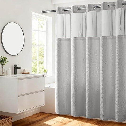 River Dream No Hooks Required Dotted Light Grey Shower Curtain with Snap in Liner - 71" W x 74" H,Hotel Grade,Spa Like Bath Curtain - ModernBath