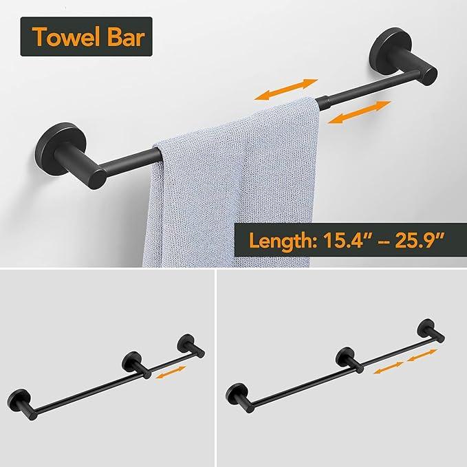 BESy 4 Piece Bathroom Accessories Set Hardware Set (Adjustable Double Towel Bar, Hand Towel Holder, Toilet Paper Holder, Towel Hook) Bath Fixtures Set Wall Mounted SUS304 Stainless Steel Matte Black - ModernBath