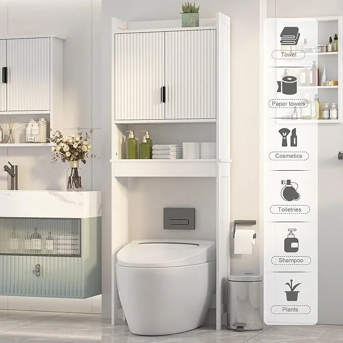 Bathroom Over The Toilet Storage Cabinet,Farmhouse Over The Toilet Storage with 2 Wave-Pattern Doors and Open Storage Shelf,Space Saver Behind Toilet Bathroom Organizer for Restroom/Laundry - ModernBath