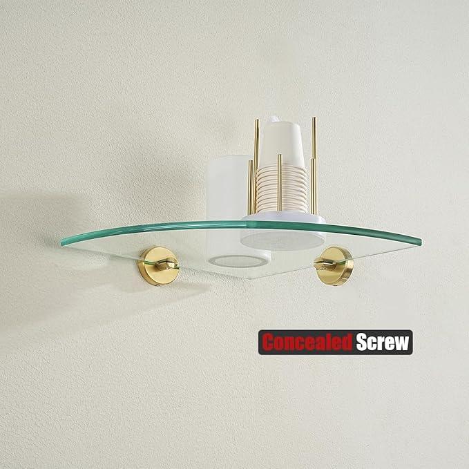 JQK Corner Glass Shelf, Brushed Gold Bathroom 304 Stainless Steel Shower Triangle Floating Wall Shelf, 10 x 10 Tempered Glass, 2 Pack TGS190L10-BG-P2 - ModernBath