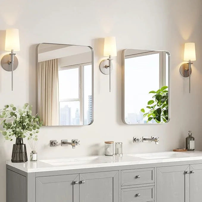 USHOWER Brushed Nickel Bathroom Mirrors 22"x30" 2 Pack, Silver Rectangle Mirrors for Over Sink, Rounded Corner, Aluminum Frame, Anti-Rust, Tempered Glass, Horizontal or Vertical Mounted - ModernBath