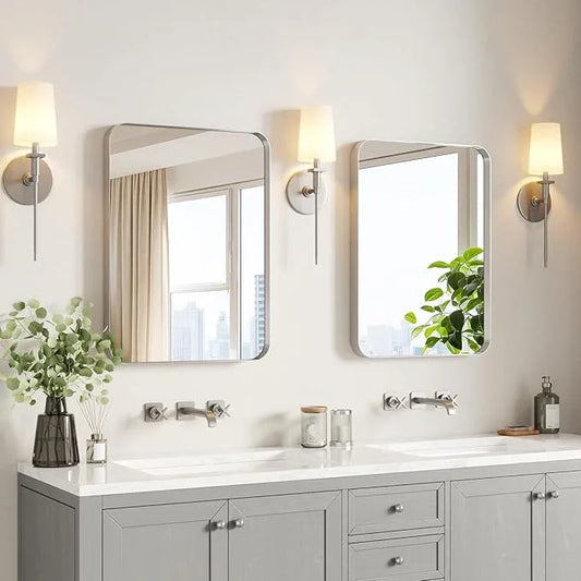 USHOWER Brushed Nickel Bathroom Mirrors 22"x30" 2 Pack, Silver Rectangle Mirrors for Over Sink, Rounded Corner, Aluminum Frame, Anti-Rust, Tempered Glass, Horizontal or Vertical Mounted - ModernBath