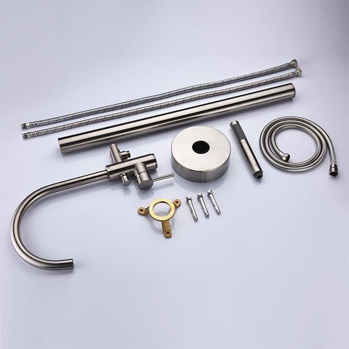 Freestanding Tub Filler Bathtub Faucet Brushed Nickel Floor Mount Single Handle Brass Faucets with Hand Shower - ModernBath