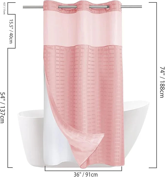 Conbo Mio Stall No Hook Shower Curtain with Snap in Liner Set, Hotel Luxury Pink Shower Curtains for Bathroom with See Through Top Window, Waterproof, Washable 36W x 74H - ModernBath