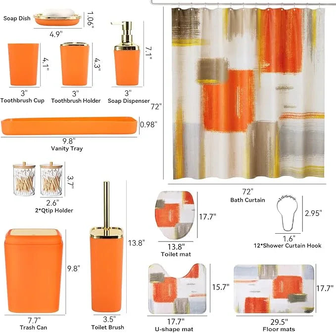XLHOMO Bathroom Accessories Set - 25PC Bathroom Set with Shower Curtain and Rugs, Orange Bathroom Set, Bathroom Accessory Set with Press-on Lid Trash Can, Soap Dispenser and Qtip Holders - ModernBath