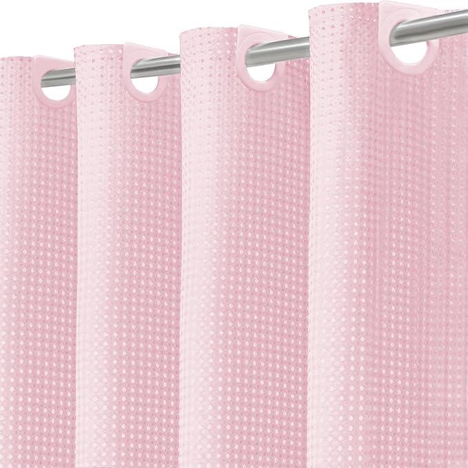 Inhousolu No Hook Waffle Weave Shower Curtain with Removable Snap in Fabric Liner Set for Bathroom, 230 GSM Heavy Duty Weighted Hem, Water Repellent Washable Bath Curtains, 72 x 72 Inch, Pink - ModernBath