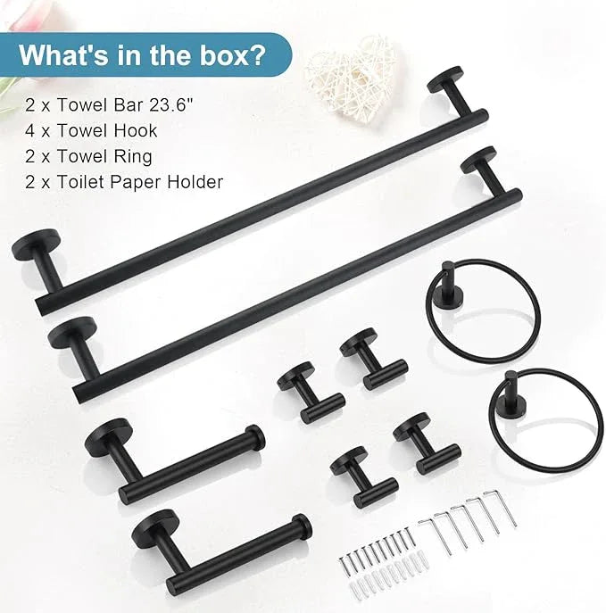 TQKAG Matte Black Bathroom Hardware Accessories Set 10-Pieces, Premium SUS304 Stainless Steel Bathroom Towel Bar Holder Set 23.6 Inch Round Towel Racks for Bathroom Wall Mounted - ModernBath