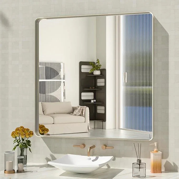 WEER 36X36 Inch Brushed Nickel Bathroom Mirror, Brushed Silver Metal Frame Mirror, Rounded Rectangle Silver Bathroom Vanity Mirror, Tempered Glass, Anti-Rust, Hangs Horizontally or Vertically - ModernBath