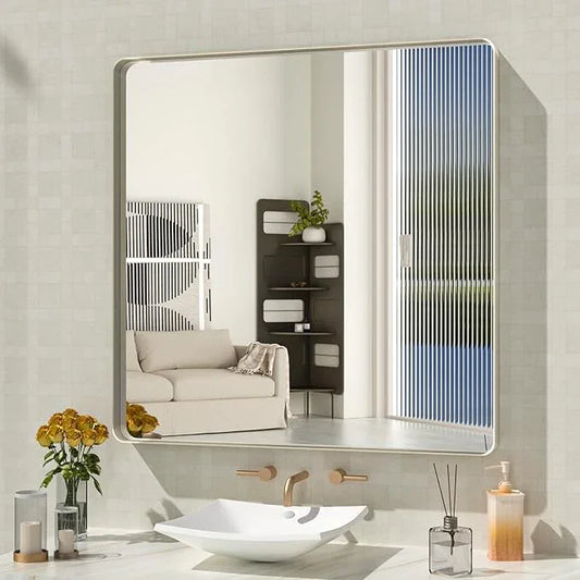 WEER 36X36 Inch Brushed Nickel Bathroom Mirror, Brushed Silver Metal Frame Mirror, Rounded Rectangle Silver Bathroom Vanity Mirror, Tempered Glass, Anti-Rust, Hangs Horizontally or Vertically - ModernBath
