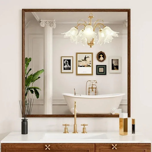 JISOSO 40x36 Inch Rectangle Bathroom Mirror, Walnut Wood Grain Framed, Anti-Rust & 4mm Tempered Glass, Horizontal/Vertical Hanging Vanity Mirror for Bathroom & Bedroom - ModernBath