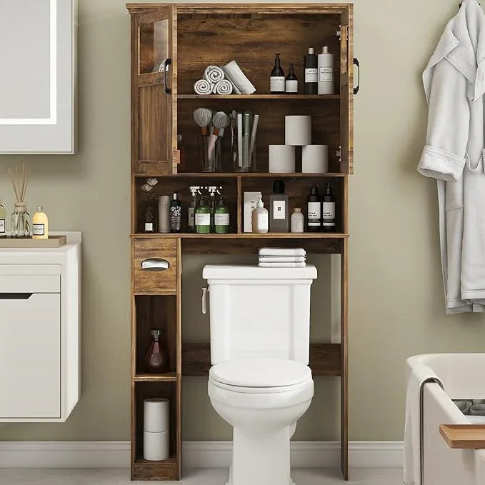 Vabches Over The Toilet Storage Cabinet With Double Doors & Paper Holder Stand, Freestanding Shelf Space Saver With Anti-Tip Design & Adjustable Shelf, Brown - ModernBath