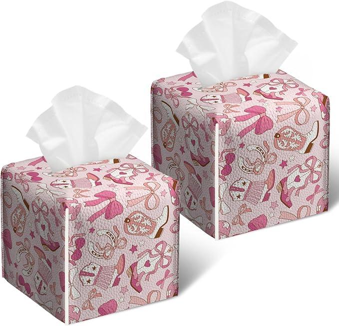 Western Cowgirl Tissue Box Cover 2PCS, Leather Tissue Box Holder Square Facial Paper Case Tissue Box Cube Organizer for Bathroom Bedroom Desk Office - ModernBath