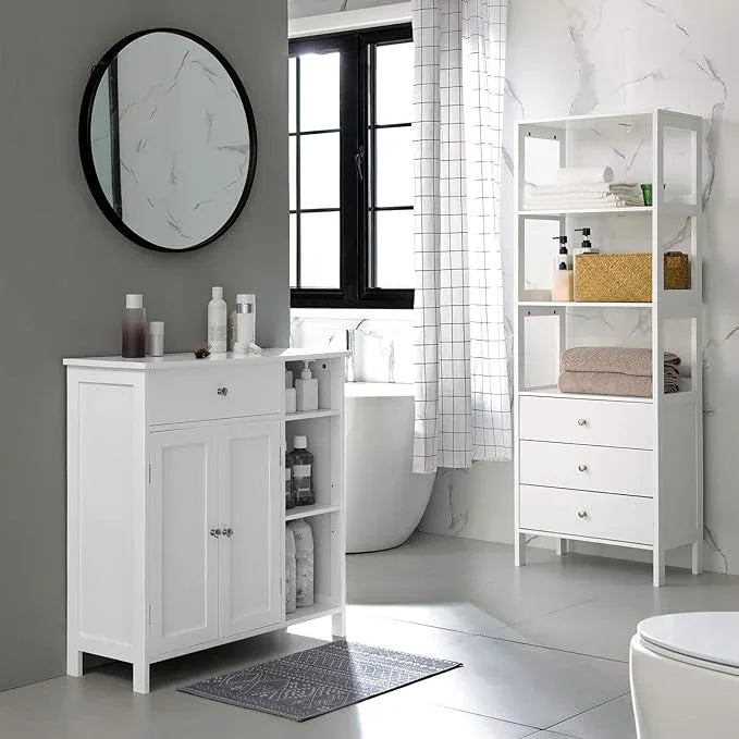 VASAGLE Floor Storage Cabinet with Drawer, Freestanding Cabinet with Doors, 3 Open Compartments, Adjustable Shelves, 11.8 x 29.5 x 31.5 Inches, for Bathroom, Living Room, Cloud White UBBC142W01 - ModernBath
