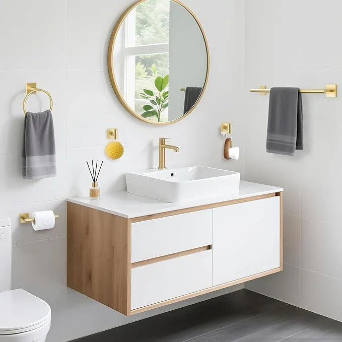 TURS Brushed Gold 5 Piece Bathroom Hardware Accessories Set, SUS304 Stainless Steel Bath Towel Bar Set, 24 Inch Round Bathroom Towel Holder Set Wall Mounted - ModernBath