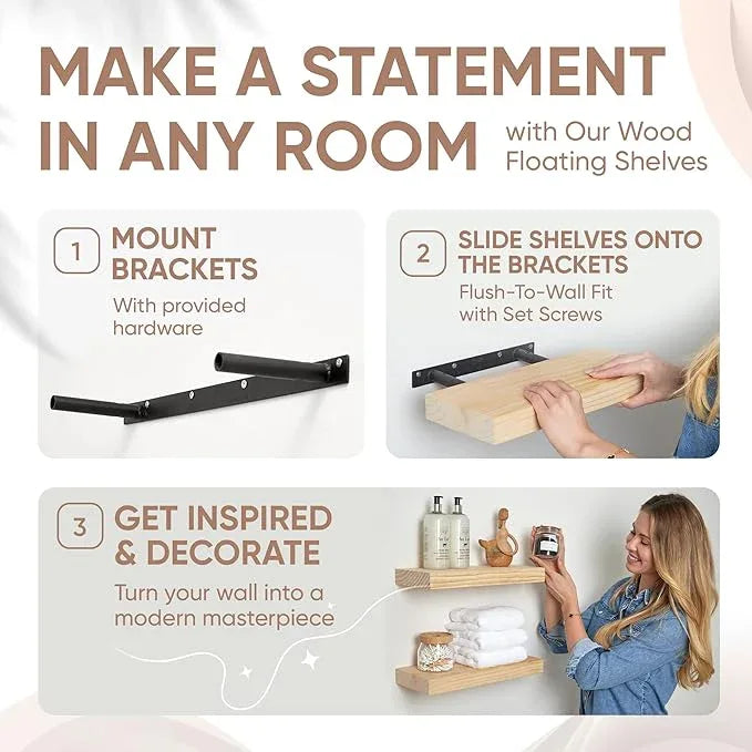 Homeforia 12 inch Natural Floating Shelf, High End Solid Real Wood 12inch Small Floating Shelves for Wall Mounted, Natural Wooden Floating Shelves, Heavy Duty Bracket, 12 X 6.5 X 1.75 in, Set of 2 - ModernBath