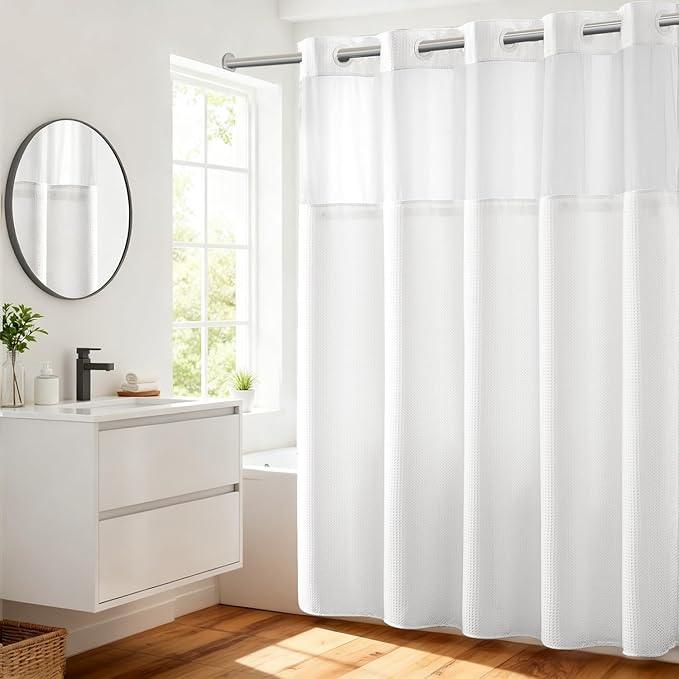 River Dream Heavyweight No Hooks Required Dotted Waffle Weave Shower Curtain with Snap in Liner - 71W x 77H,Hotel Grade,Spa Like Bath Curtain,White - ModernBath