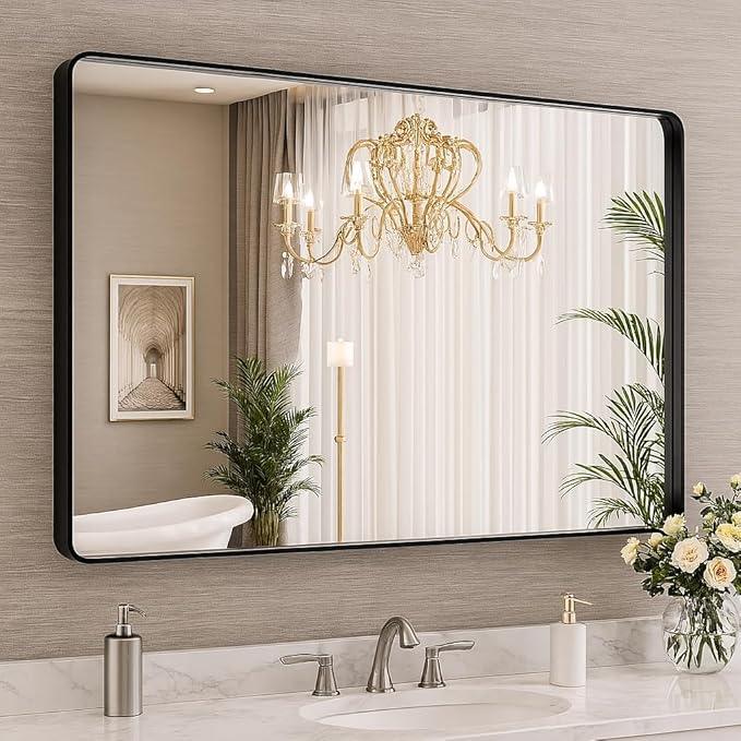 miroro Black 40x24 Inch Metal Framed Mirror for Wall, Large Rounded Rectangle Mirror, Anti-Rust, Tempered Glass, Hangs Horizontally or Vertically - ModernBath