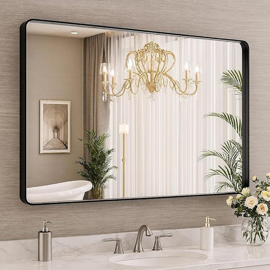 miroro Black 40x24 Inch Metal Framed Mirror for Wall, Large Rounded Rectangle Mirror, Anti-Rust, Tempered Glass, Hangs Horizontally or Vertically - ModernBath