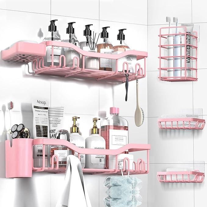 Shower Caddy Adhesive Shower Organizer 7-Pack, Rustproof Stainless Steel Bathroom Shelves, Large Capacity No-Drill Rack Storage Accessories with Soap Dish Toothbrush Holder Hooks (Pink) - ModernBath