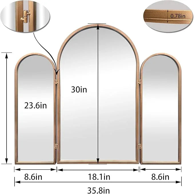 BAODANFU 3 Way Mirror Bathroom, Trifold Vanity Mirrors for Bathroom Bedroom, Large Arch Mirrors Decorative Vintage Gold, Adjustable Makeup Mirror for Braiding Hair 360° Way Tabletop & Wall Mounted - ModernBath