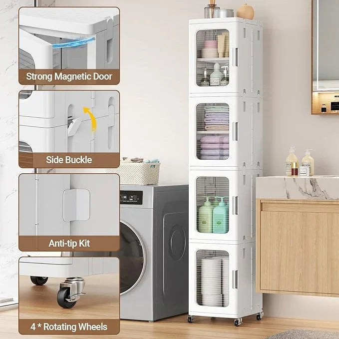 BROVIEW 3-Tier Tall Narrow Storage Cabinet Organizer, Slim Bathroom Cabinets with Adjustable Shelves and Doors, Plastic Kitchen Pantry Organizers and Storages for Small Space, Laundry, White - ModernBath