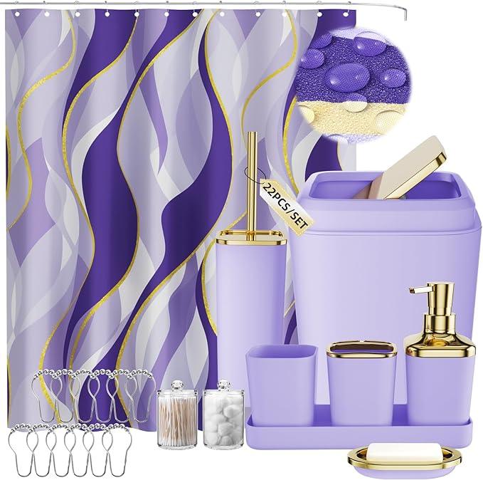 XLHOMO Purple Bathroom Accessories, Bathroom Sets with Stripe Shower Curtain, Purple and Gold Bathroom Accessories Set with Trash Can, Soap Dispenser, Soap Dish, Qtip Holders for Bathroom - ModernBath