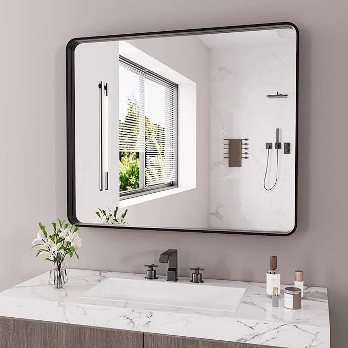 JISOSO Black Bathroom Mirror 48X40 Inch, Black Metal Framed Mirror for Wall, Rounded Rectangle Matte Bathroom Vanity Mirror with Tempered Glass, Anti-Rust, Horizontal/Vertical - ModernBath