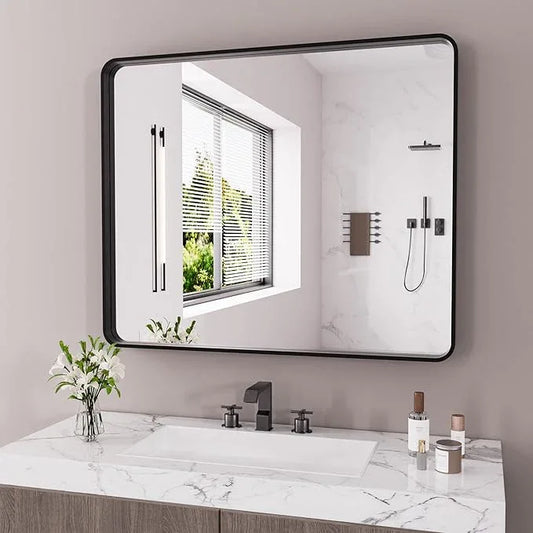 JISOSO Black Bathroom Mirror 48X40 Inch, Black Metal Framed Mirror for Wall, Rounded Rectangle Matte Bathroom Vanity Mirror with Tempered Glass, Anti-Rust, Horizontal/Vertical - ModernBath