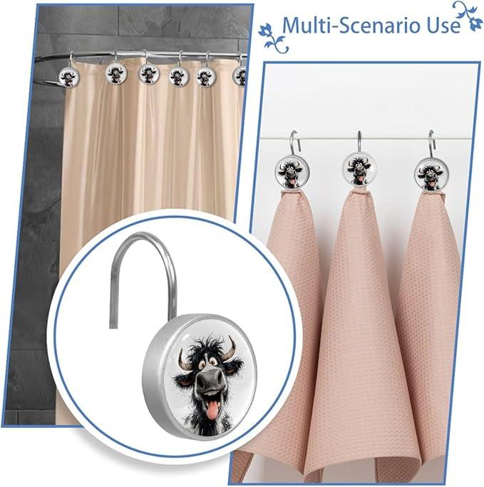 Laughing Highland Cow Rust Proof Shower Curtain Hooks 12Pcs for Bathroom Shower Rod, Decorative Shower Hooks Shower Curtain Hanger Rings Roller, Glass, Resin, Stainless Steel - ModernBath