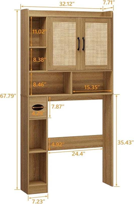 Farmhouse Rattan Storage Cabinet Over Toilet - 2 Door with Toilet Paper Holder - Space-Saving for Bathroom, Oak - ModernBath