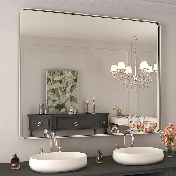 WEER 40X32 Inch Brushed Nickel Bathroom Mirror, Brushed Silver Metal Frame Mirror, Rounded Rectangle Silver Bathroom Vanity Mirror, Tempered Glass, Anti-Rust, Hangs Horizontally or Vertically - ModernBath
