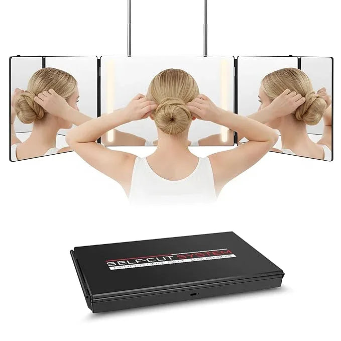 Self-Cut System 3 Way Mirror with LED Lights – Trifold Self Cut Barber Mirror for Men and Women, 360 View for Easy Haircuts, Travel Friendly - Three Way Design for Grooming and Styling - ModernBath