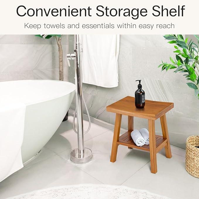 StrongTek Teak Shower Stool with Storage Shelf, 18-Inch Pre-Oiled Teak Wood Bath Seat Bench, Ergonomic Curved Seat, Easy Assembly, Water-Resistant, 350 lbs Capacity, Ideal for Bathroom, Spa & Home Use - ModernBath
