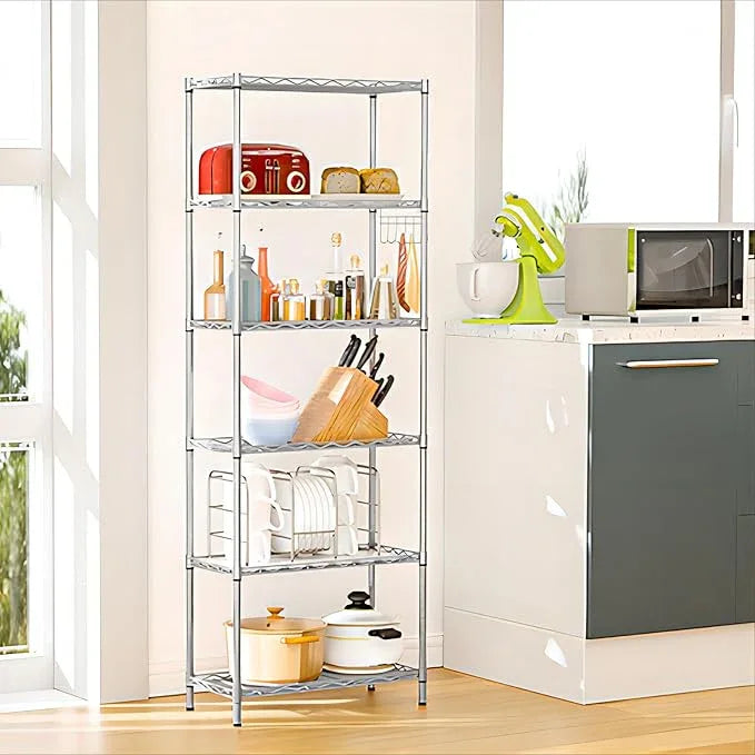 Homdox 6-Tier Storage Shelf Wire Shelving Unit Free Standing Rack Organization with Adjustable Leveling Feet, Stainless Side Hooks, Silver - ModernBath