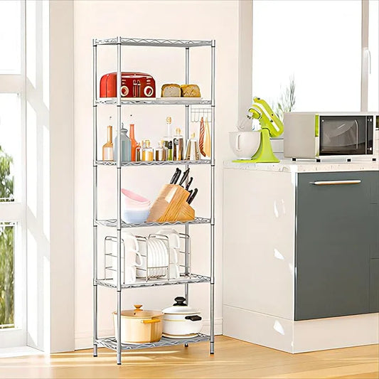 Homdox 6-Tier Storage Shelf Wire Shelving Unit Free Standing Rack Organization with Adjustable Leveling Feet, Stainless Side Hooks, Silver - ModernBath