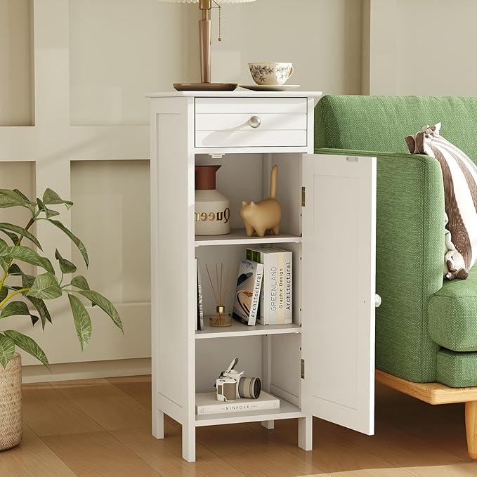 Tangkula Bathroom Floor Cabinet, Free-Standing Single Door Storage Cabinet with Drawer & 2 Adjustable Shelves, Wooden 14”L Narrow Side Storage Organizer for Small Spaces, Living Room, Kitchen (White) - ModernBath