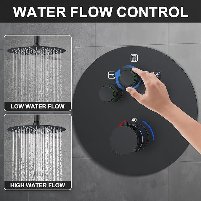 KOJOX Matte Black Thermostatic Shower System, Push Button Diverter Shower Faucet Set with 12" Ceiling Mount Rain Shower, 8" Wall Mount Shower Head, and 3-in-1 Handheld Spray - ModernBath