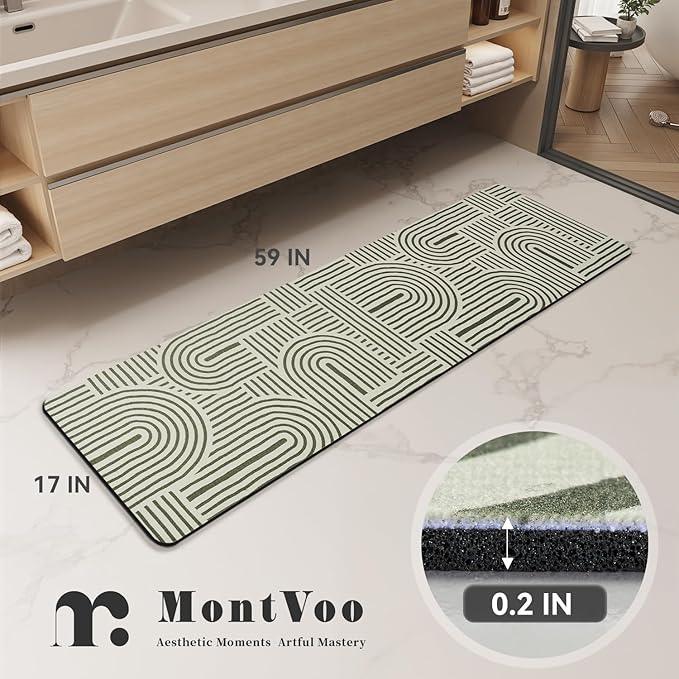 MontVoo -Bath Mat-Non Slip Thin Bathroom Rugs Fit Under Door- Quick Dry Absorbent Faux Suede Surface Grey Bathroom Floor Mats-Shower Rug for in Front of Bathtub Shower Ivory & Green Arched 17x59 - ModernBath