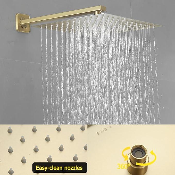 JingGang Brushed Gold Shower System 16 Inch Bathroom Luxury Rain Mixer Shower Combo Set Wall Mounted Rainfall Shower Head and Handheld System Shower Faucet Set Rough-in Valve Body and Trim Kit - ModernBath
